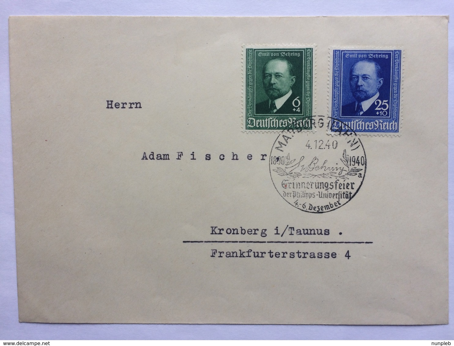 GERMANY 1940 Cover Marburg To Kronberg Im Taunus - Marburg Sonderstempel Von Behring Set - Covers & Documents