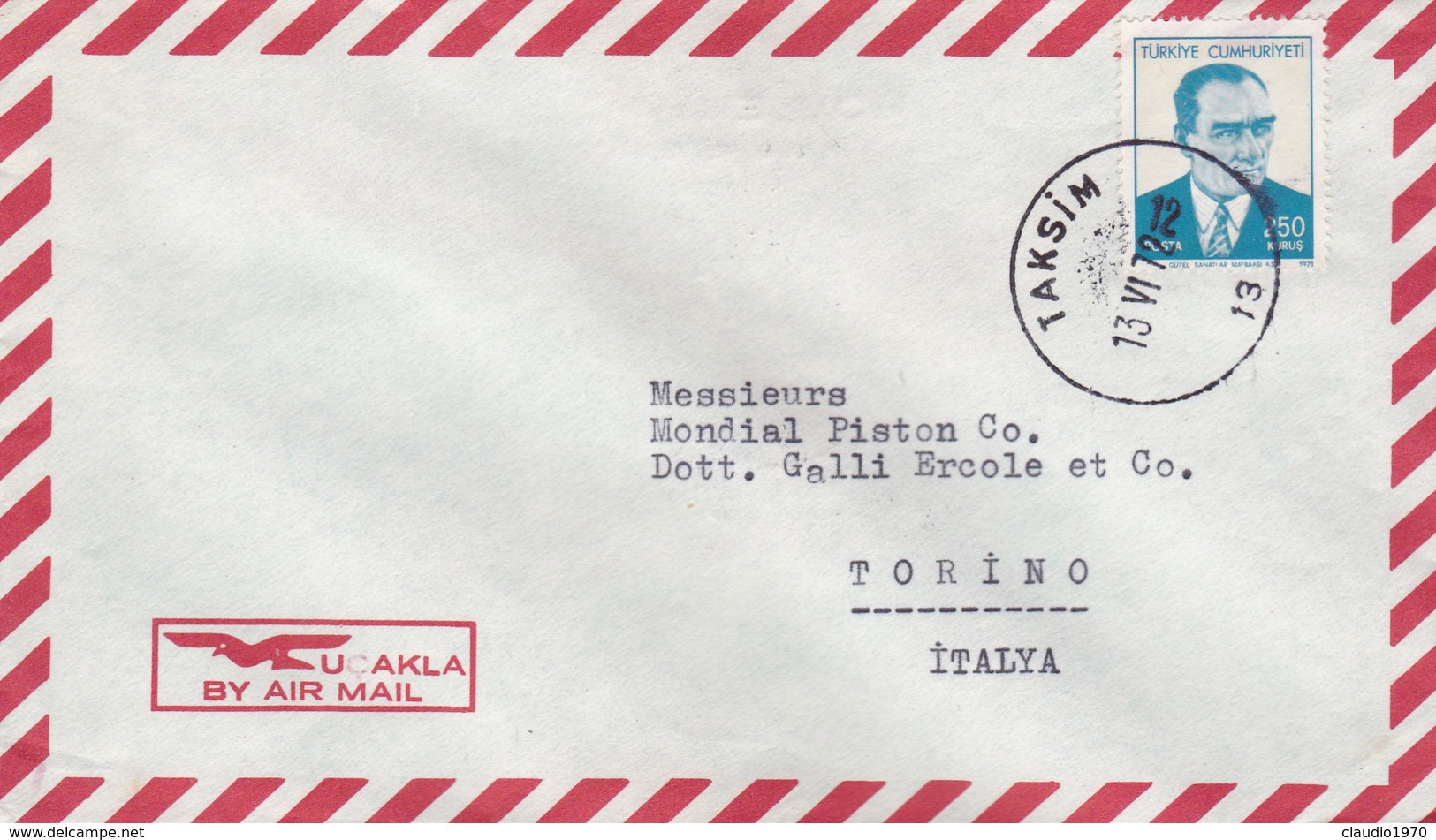 BUSTA VIAGGIATA  AIR MAIL - TURCHIA - HOLLENBACH - TAKSIM - VIAGGIATA PER TORINO / ITALIA - Storia Postale