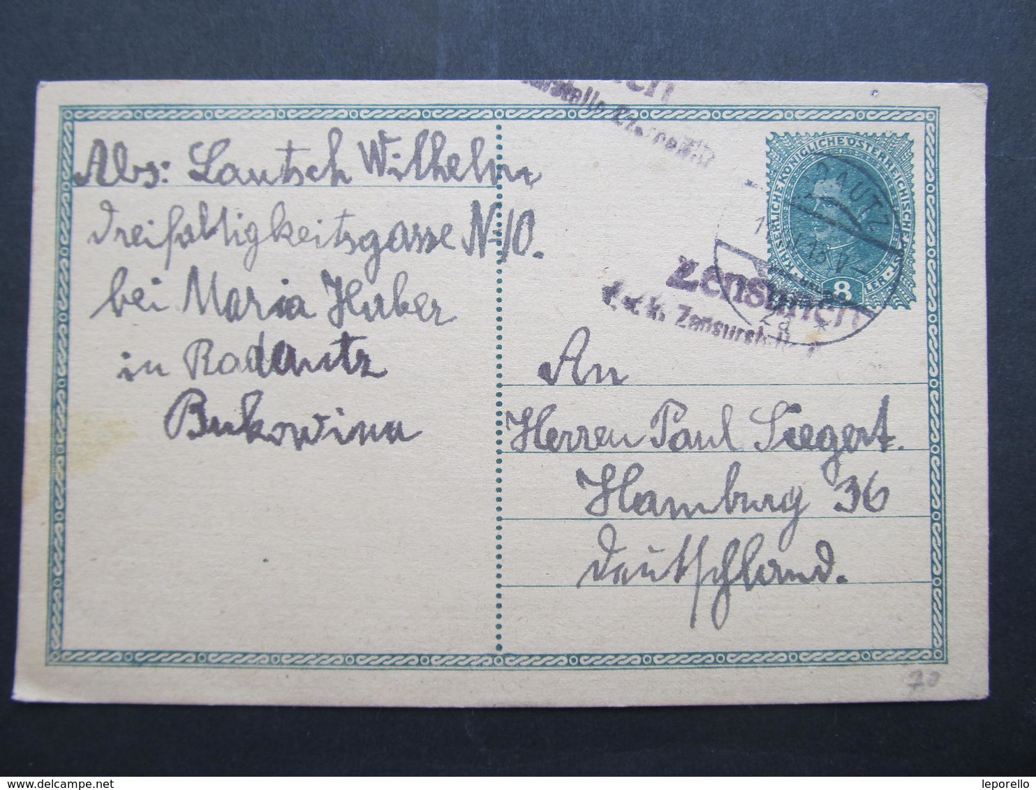 GANZSACHE Radautz - Hamburg 1918  Korrespondenzkarte /// D*38727 - Briefe U. Dokumente