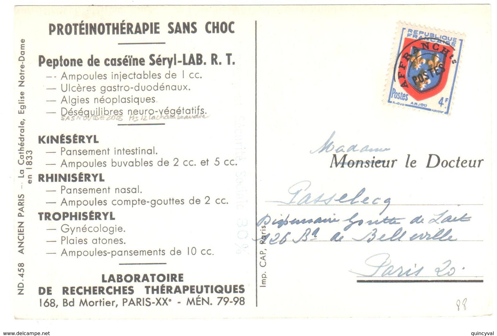 Carte Postale Publicitaire Labo Recherche Médicament Visuel N D De Paris 1833 4 F Blason Anjou Préoblitéré Yv P 105 - 1893-1947
