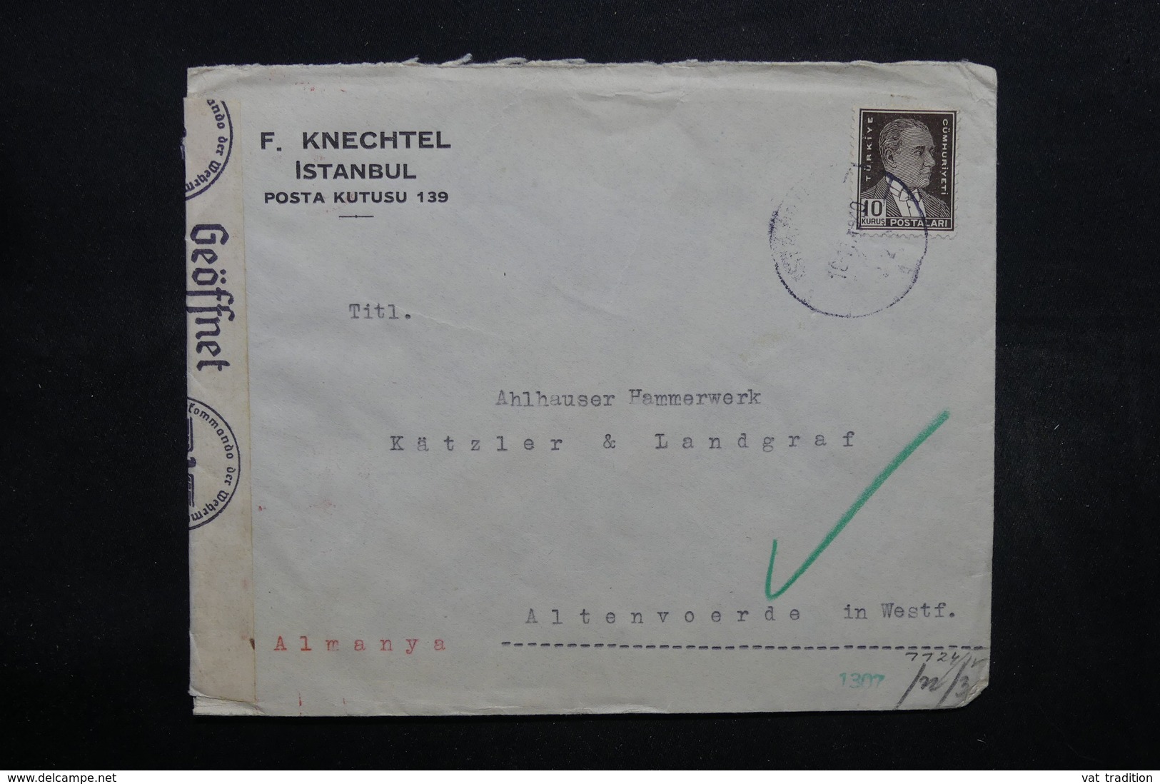 TURQUIE - Enveloppe Commerciale De Istanbul Pour L 'Allemagne En 1940 , Contrôle Postal - L 32427 - Brieven En Documenten