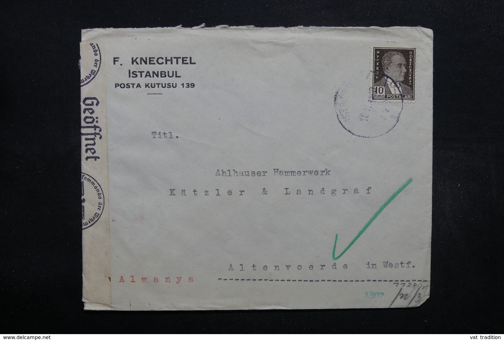 TURQUIE - Enveloppe Commerciale De Istanbul Pour L 'Allemagne En 1940 , Contrôle Postal - L 32427 - Briefe U. Dokumente