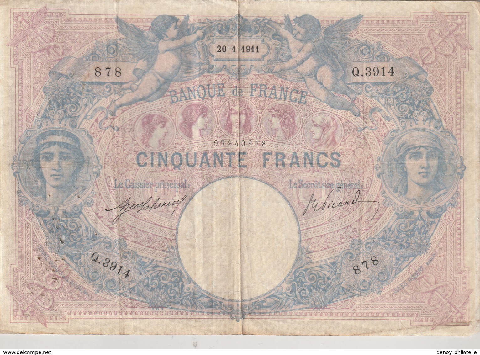 Billet De 50 Francs Du 20 1 1911 Trés Beau , Nombreux Trous Et Et Pli - 100 F 1908-1939 ''Luc Olivier Merson''