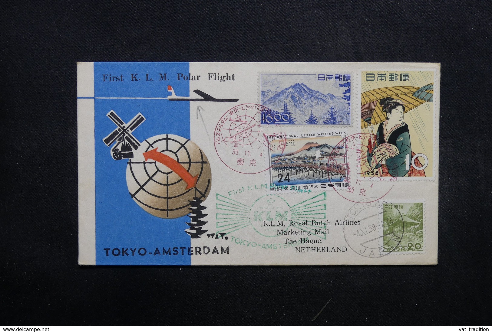 JAPON - Enveloppe 1 Er Vol Tokyo / Amsterdam En 1958 Par Voie Polaire - L 32436 - Briefe U. Dokumente