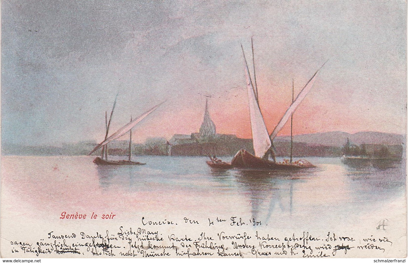 Litho Künstlerkarte AK Genf Genève Lac Leman Genfer See Barque Barke Segelboot Voilier Bateau A Voiles GE Schweiz Suisse - Genève