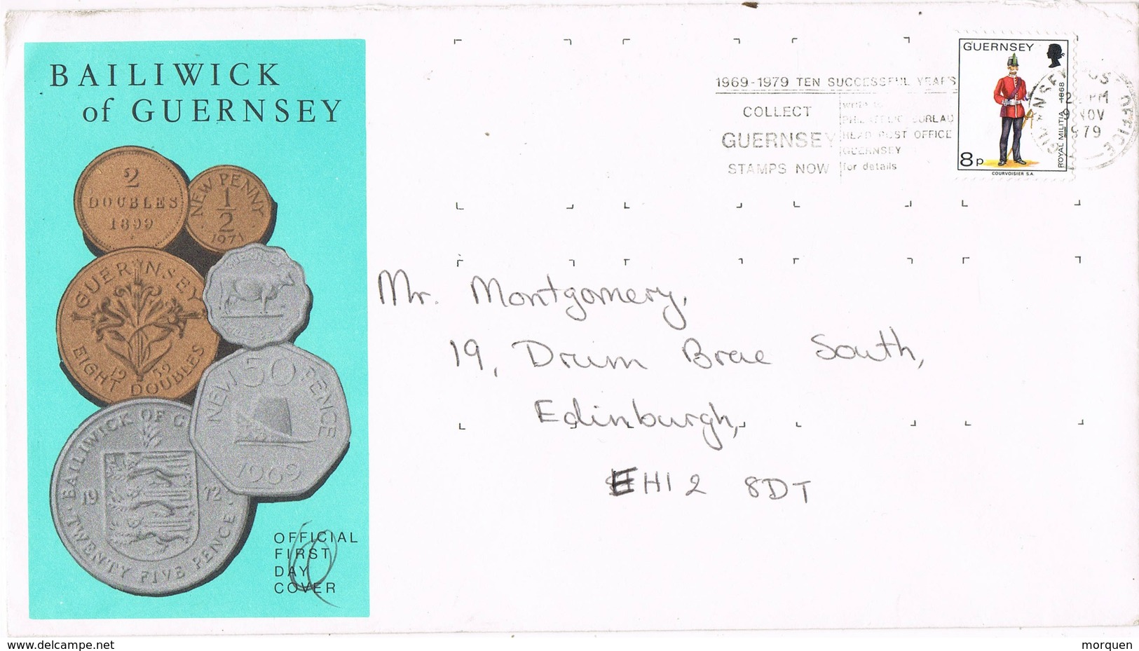 33129. Carta GUERNSEY 1979. Slogan Collect Stamps. COINS - Guernsey