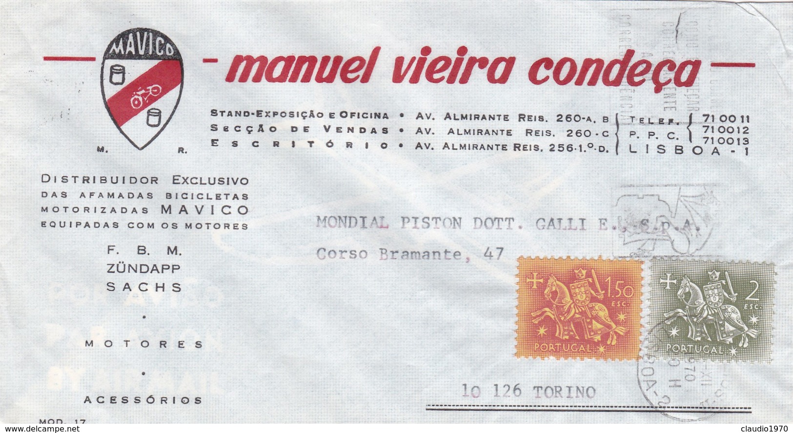 BUSTA VIAGGIATA - PORTOGALLO - LISBOA - MANUEL VIEIRA CONDECA - DISTRIBUIDOR EXCLUSIVO - VIAGGIATA PER TORINO / ITALIA - Storia Postale