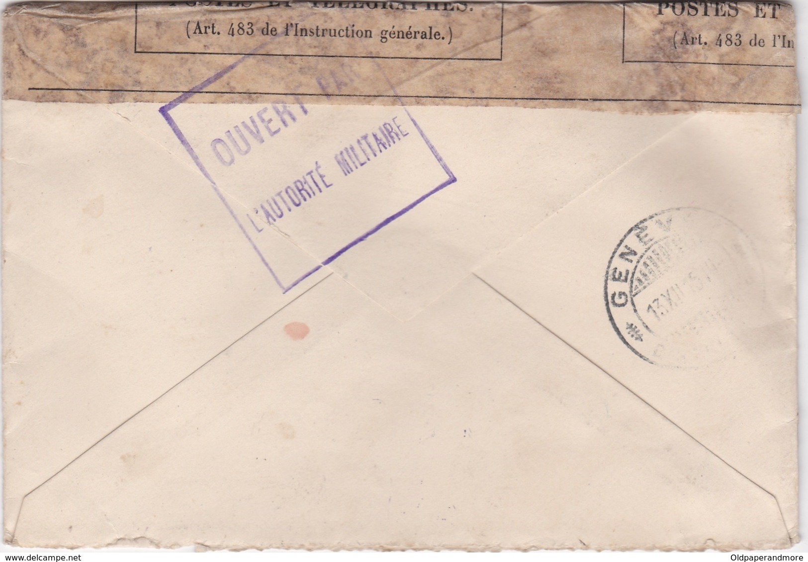 FRANCE    - CIRCULATED  AND REGISTERED COVER  TO  GENEVE - SUISSE -  SWITZERLAND - MILITARY CENSOR - Andere & Zonder Classificatie