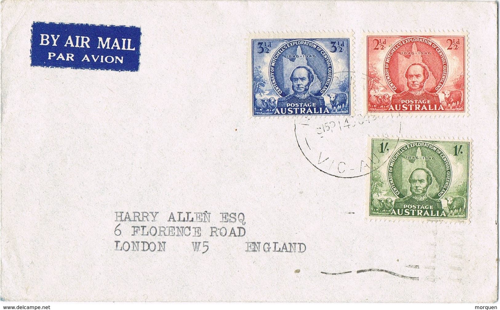 33139. Carta Aerea MELBOURNE (Australia) 1946. Stamp Shet Exploration MICHELL - Cartas & Documentos