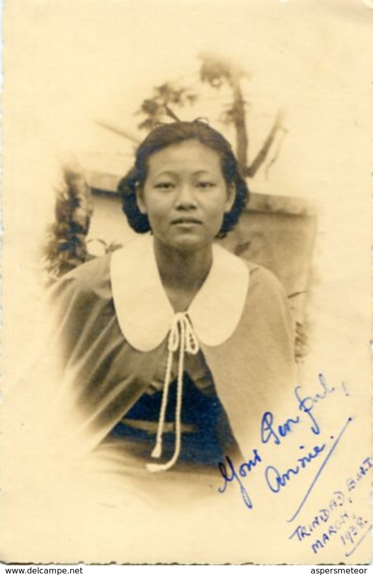 PORTRAIT ASIAN WOMAN, RETRATO MUJER ASIÁTICA, FEMME ASIATIQUE. FOTO PHOTO YEAR 1938 TRINIDAD B.W.I. SIZE: 9X14 CM -LILHU - Personas Anónimos