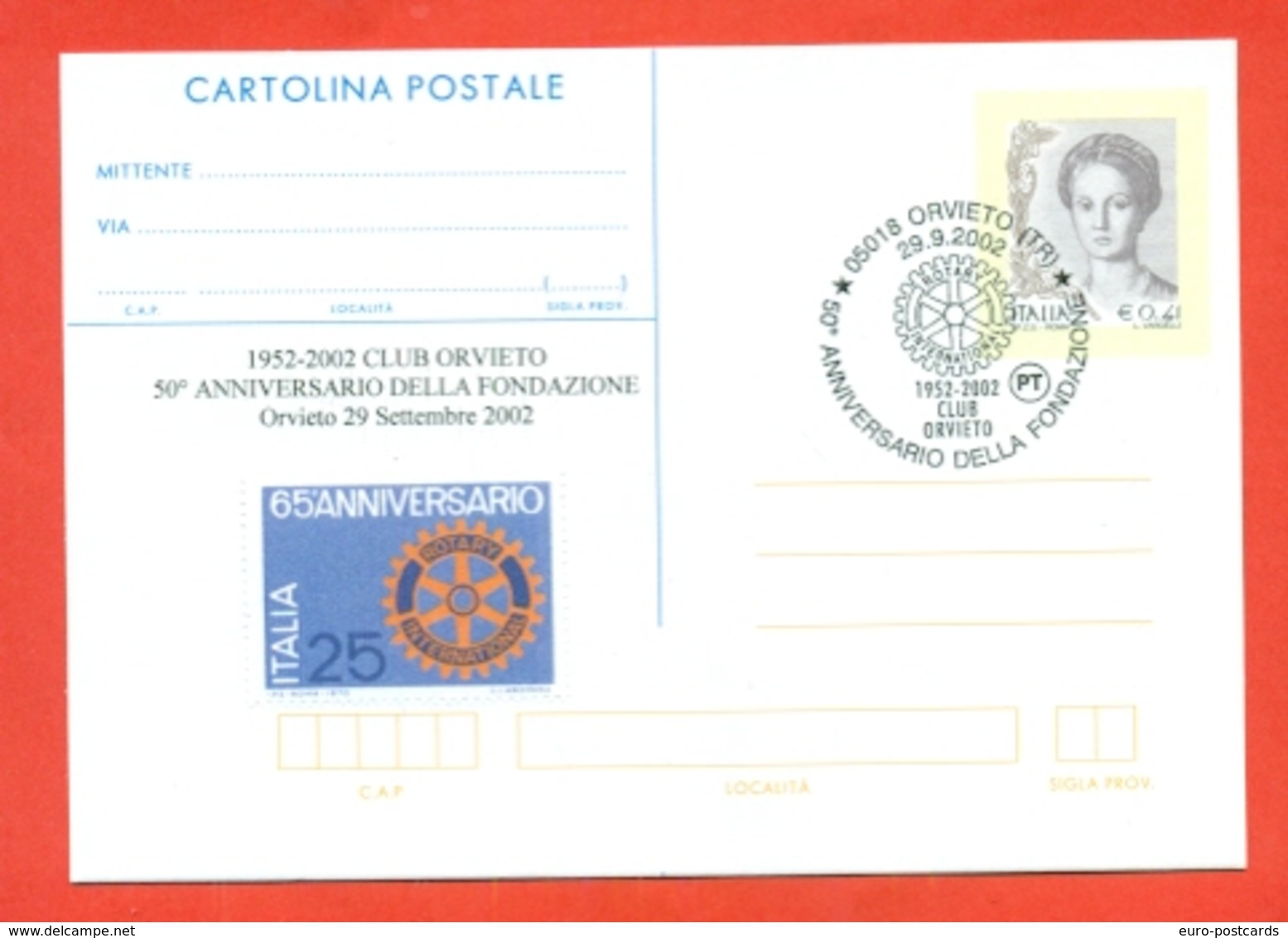 ROTARY INTERNATIONAL  - MARCOFILIA - ORVIETO 2002 - INTERO POSTALE- SOPRASTAMPA PRIVATA - Non Classificati