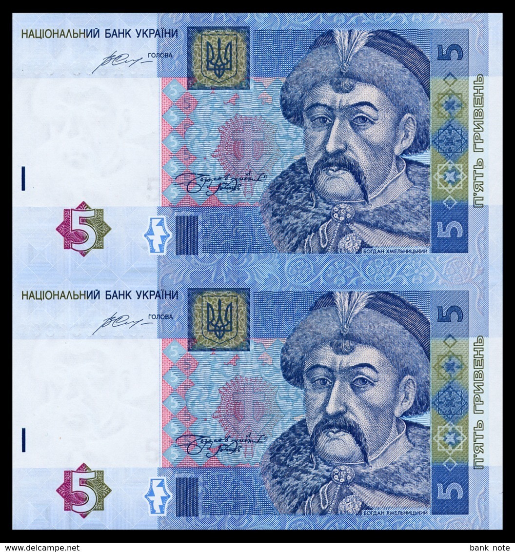 UKRAINE 5 HRYVEN 2015 Sign. GONTAREVA UNCUT SHEET / BLOCK OF 2 Pick 118e Unc - Oekraïne