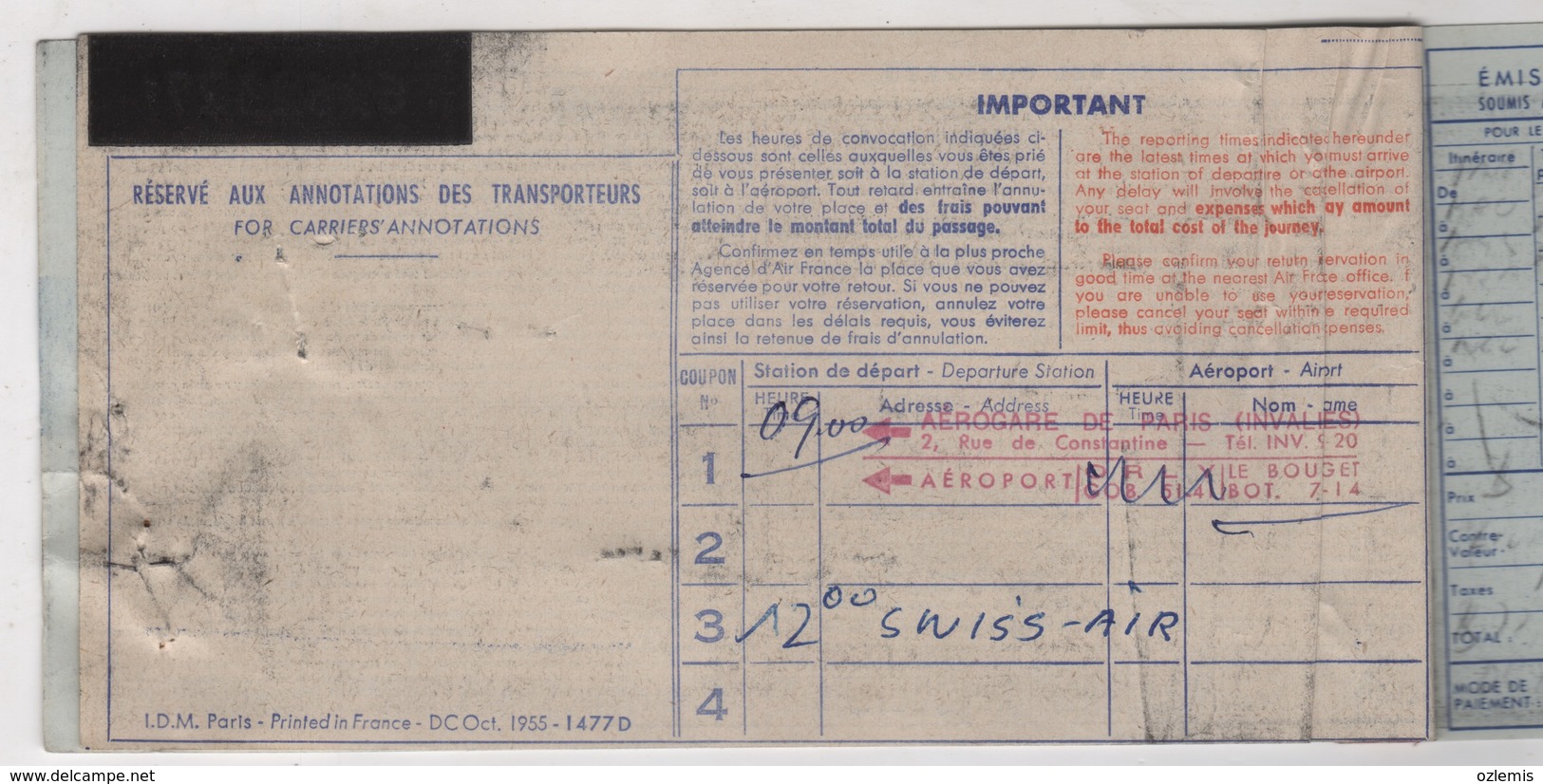 AIR FRANCE AIRLINES PASSENGER TICKET 1957 - Europe