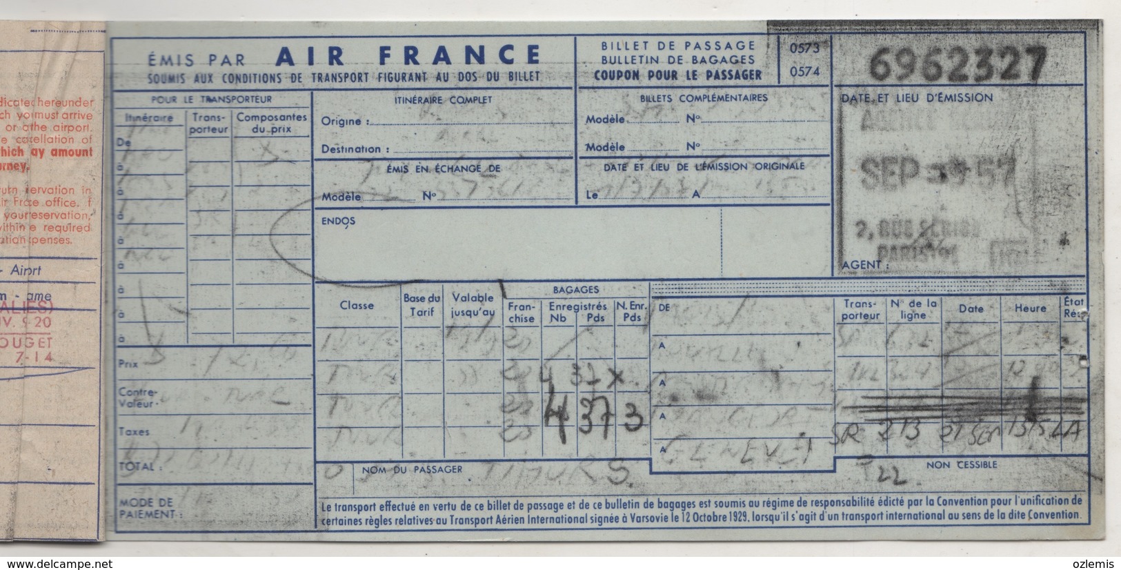 AIR FRANCE AIRLINES PASSENGER TICKET 1957 - Europe