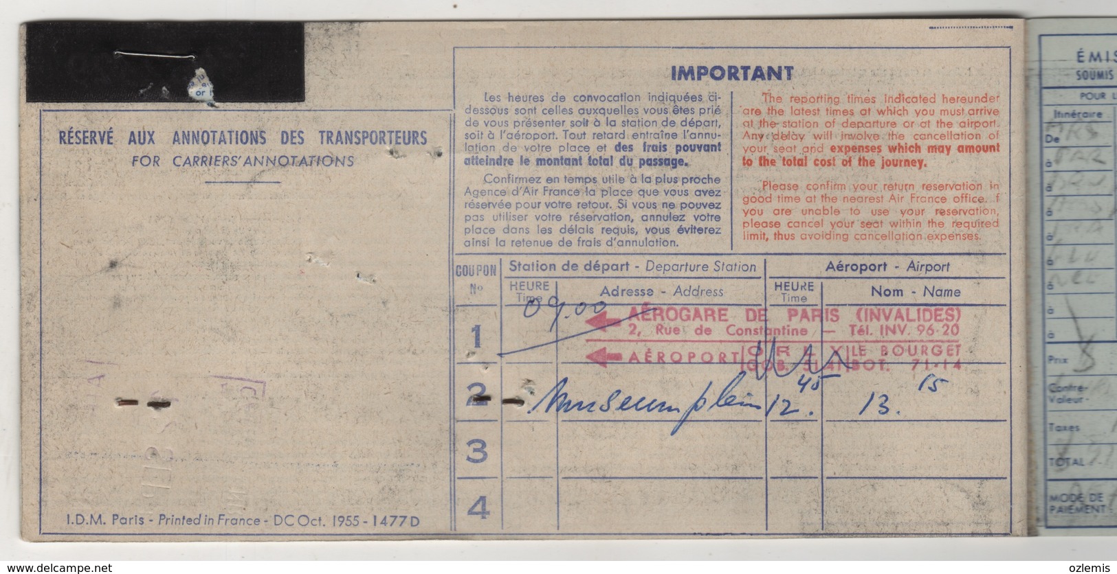 AIR FRANCE AIRLINES PASSENGER TICKET 1957 - Europe