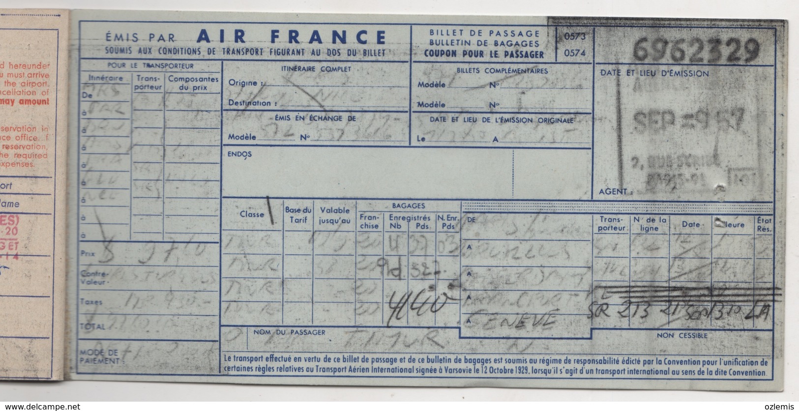 AIR FRANCE AIRLINES PASSENGER TICKET 1957 - Europa