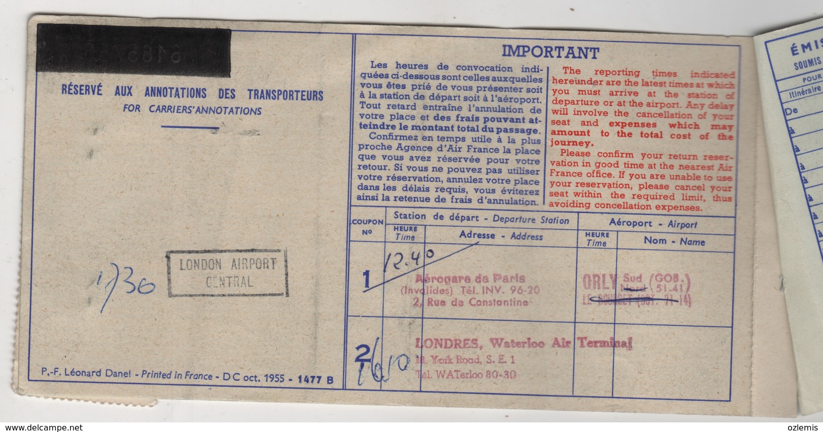 AIR FRANCE AIRLINES PASSENGER TICKET 1957 - Europe