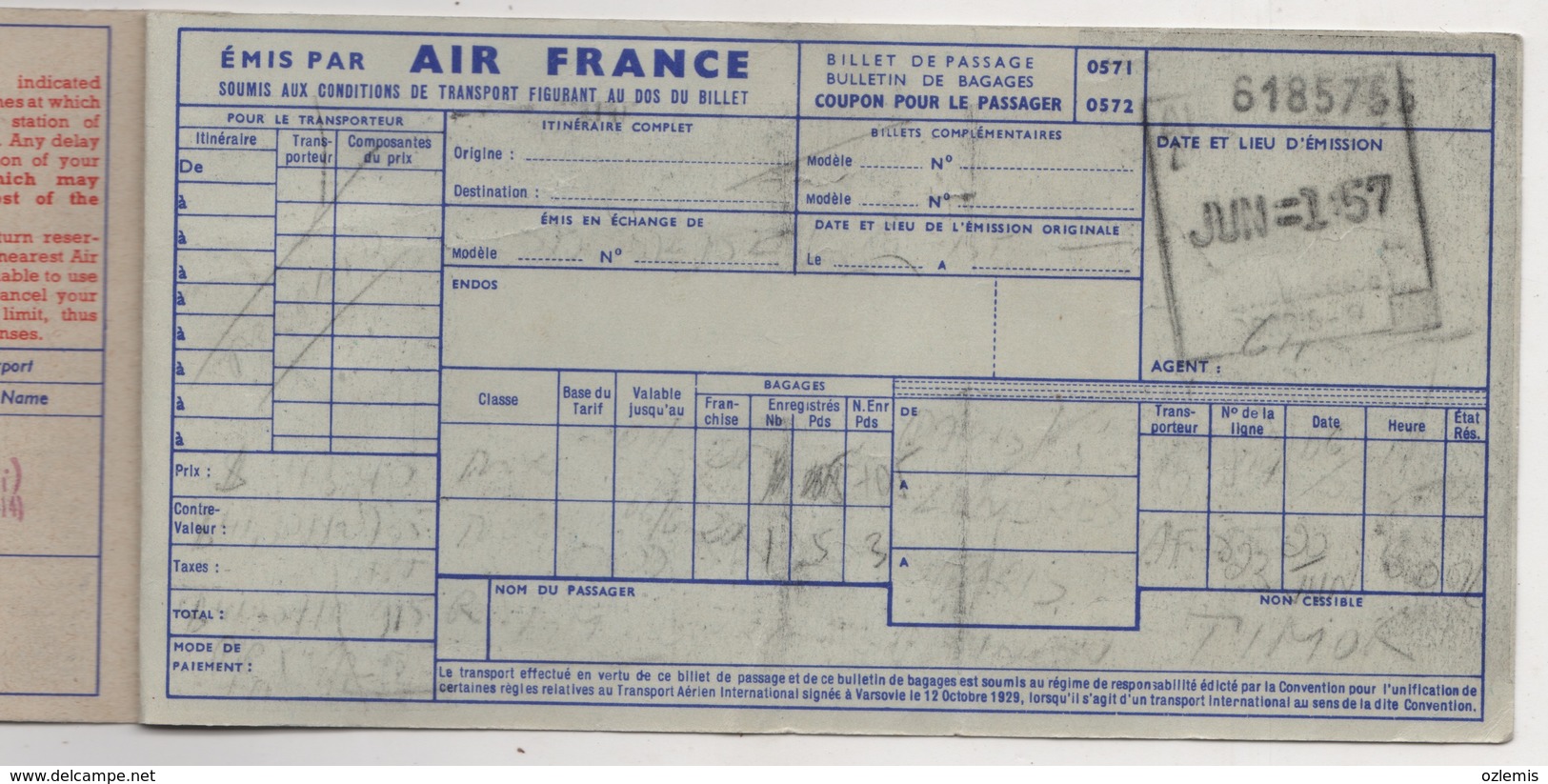 AIR FRANCE AIRLINES PASSENGER TICKET 1957 - Europa