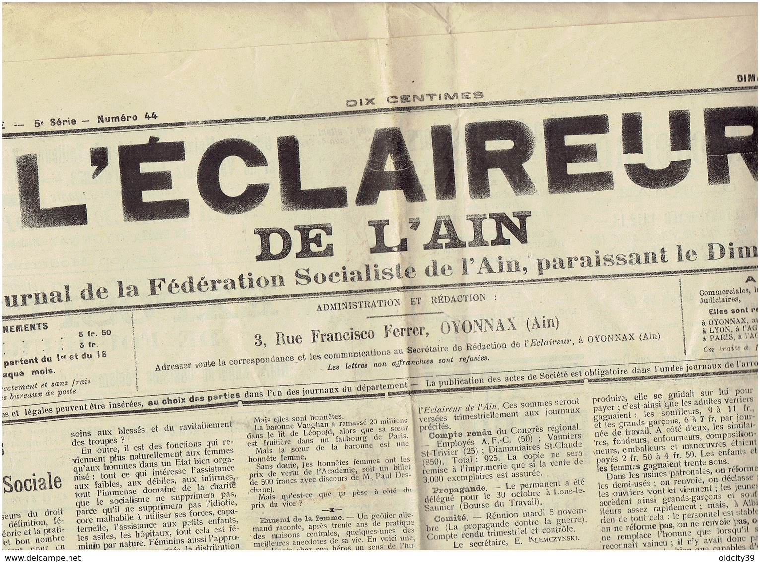 L ECLAIREUR De L AIN Du 3 Novembre 1912 : La Verrerie Ouvrière , Femmes Et Question Sociale - Autres & Non Classés