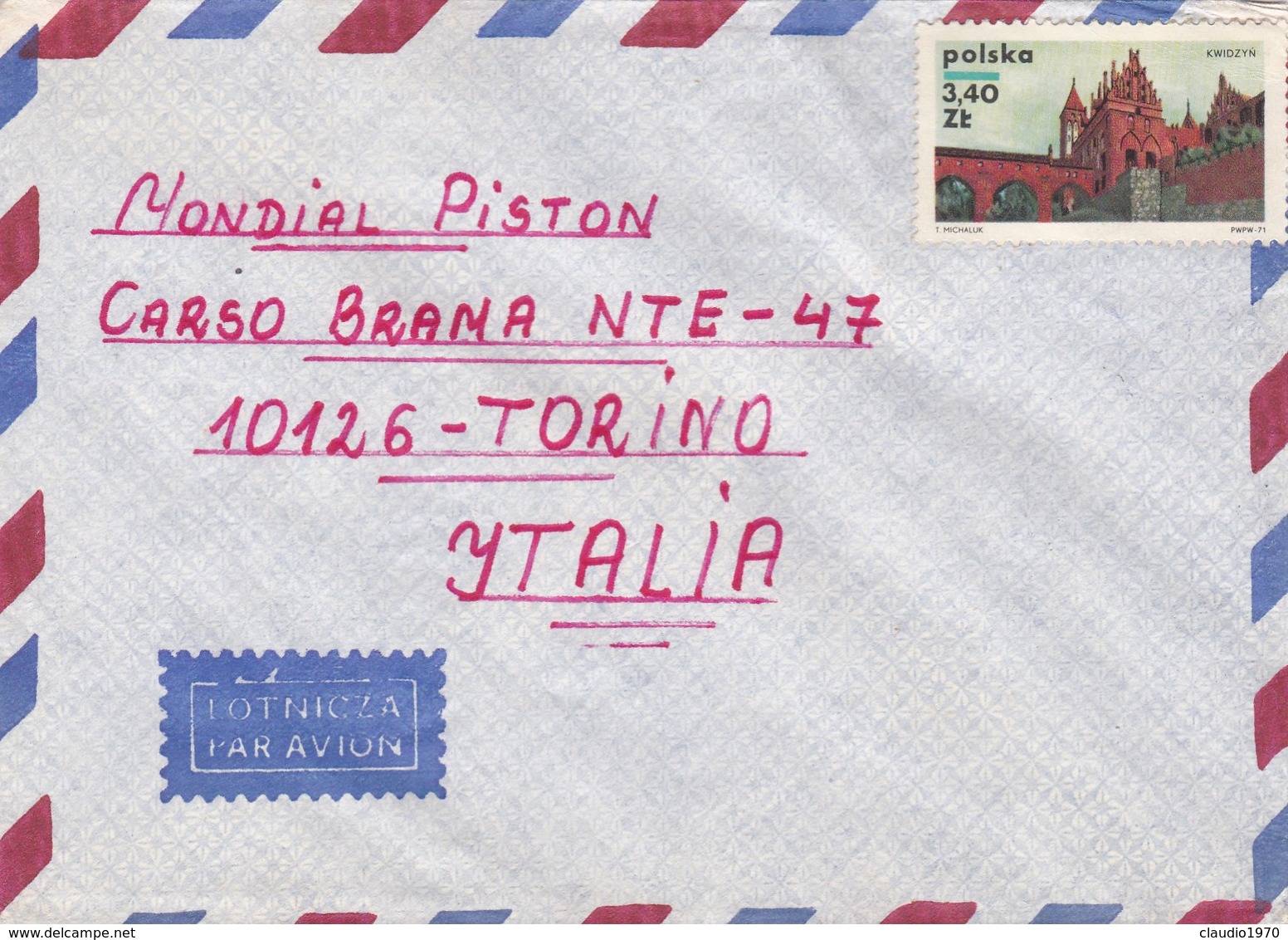 BUSTA VIAGGIATA PAR AVION - POLONIA  - VIAGGIATA PER MONDIAL PISTON -TORINO / ITALIA - Storia Postale
