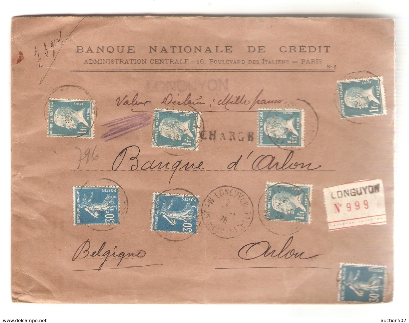 PR6549/ TP Pasteur & Semeuse S/L.en Valeur Déclarée De 1000 Frs C.Longuyon 1926 V.Arlon Belgique - 1921-1960: Période Moderne