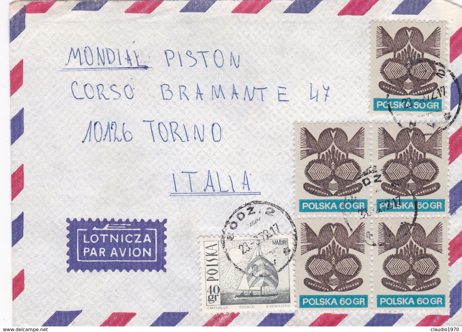 BUSTA VIAGGIATA PAR AVION - POLONIA  - VIAGGIATA PER MONDIAL PISTON -TORINO / ITALIA - Storia Postale