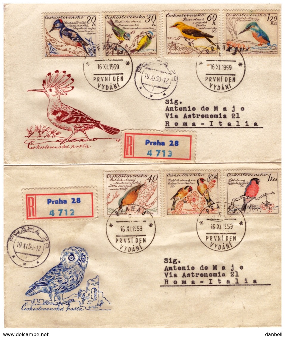 MG203)CECOSLOVACCHIA 1959 Serie Compl. BIRDS 5 Valori Su 2 FDC Raccomandate Viaggiate - Storia Postale