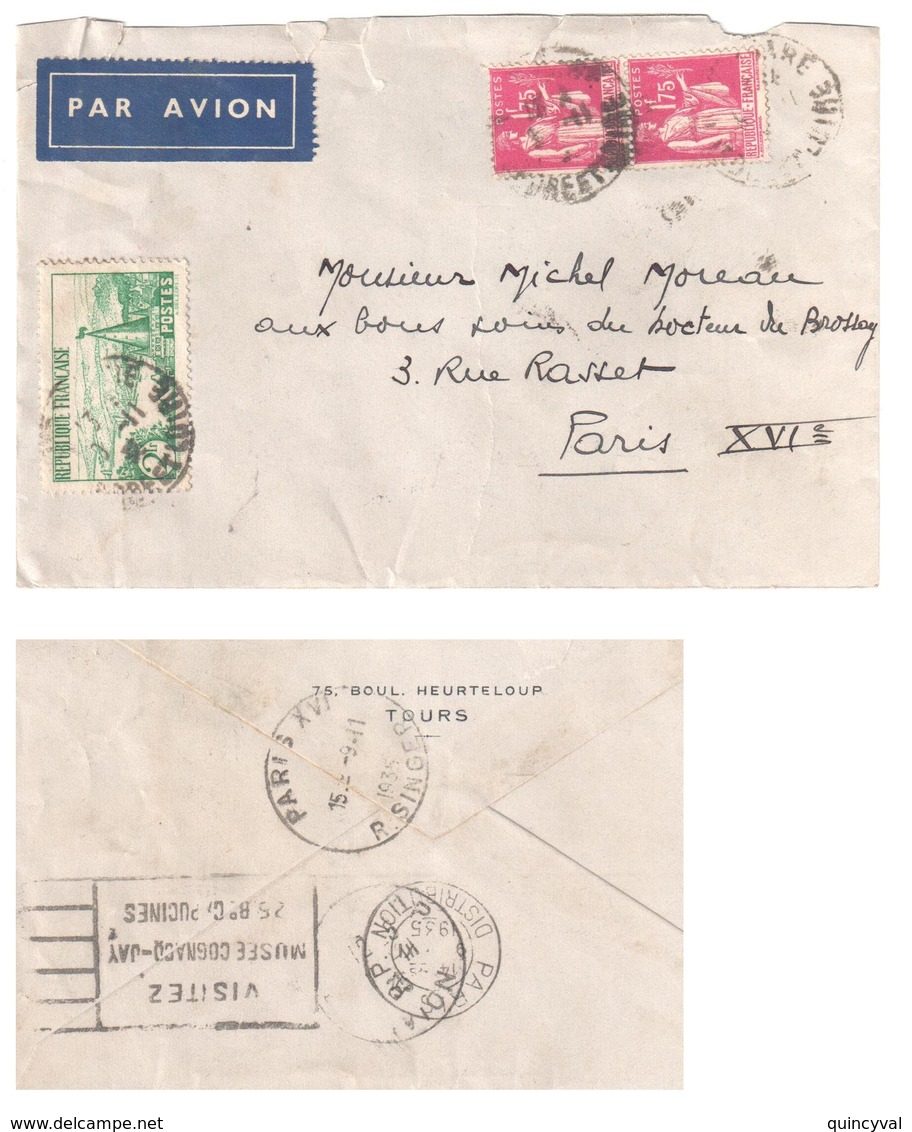 TOURS Lettre 20g AIR BLEU Tf 5,50 F Ob 9 11 1935 Verso Avion Paris Distribution XVI DECHIREE à Ouverture Paix Yv 289 301 - 1927-1959 Covers & Documents