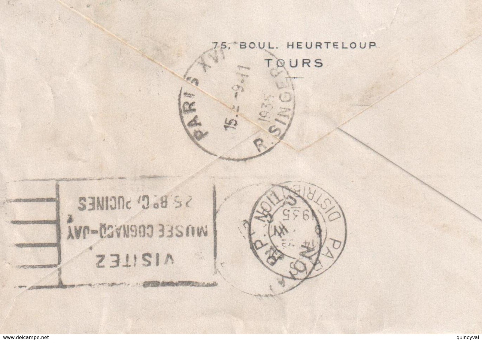 TOURS Lettre 20g AIR BLEU Tf 5,50 F Ob 9 11 1935 Verso Avion Paris Distribution XVI DECHIREE à Ouverture Paix Yv 289 301 - 1927-1959 Covers & Documents