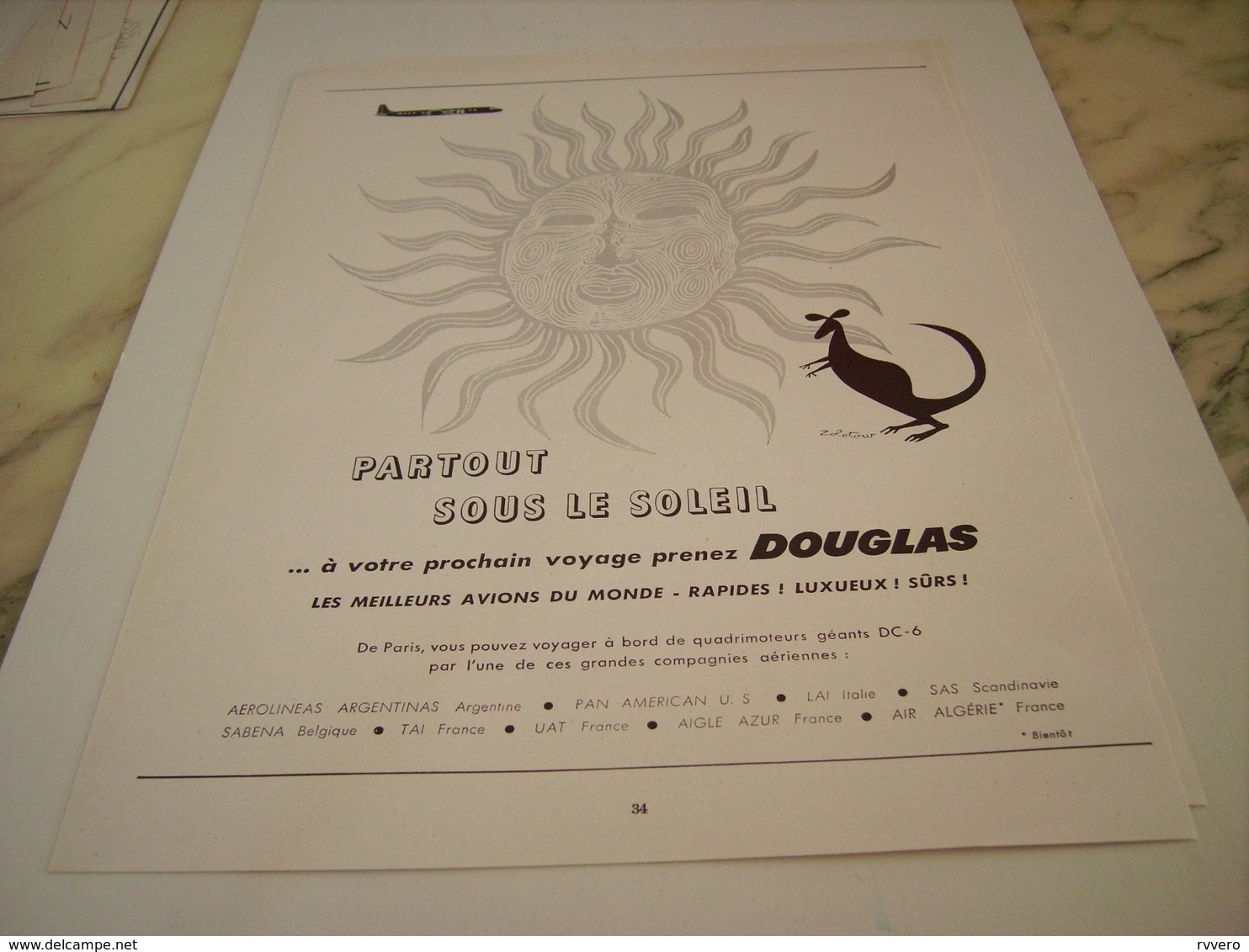 ANCIENNE PUBLICITE PARTOUT SOUS LE SOLEIL  AVION DOUGLAS 1955 - Advertisements