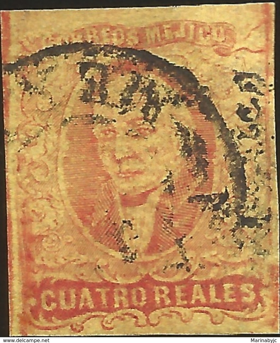 J) 1861 MEXICO, HIDALGO, 4 REALES RED, CIRCULAR CANCELLATION, MEXICO GOTHIC, MN - Mexico