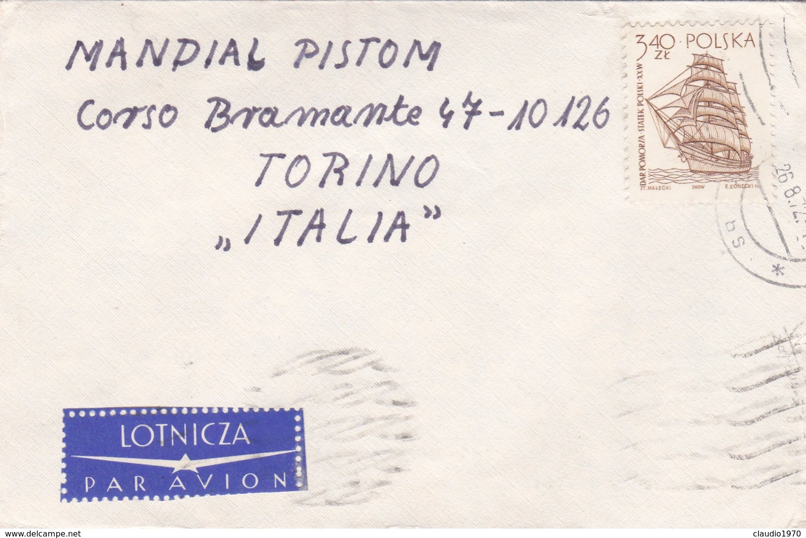 BUSTA VIAGGIATA PAR AVION - POLONIA  - VIAGGIATA PER MONDIAL PISTON -TORINO / ITALIA - Storia Postale