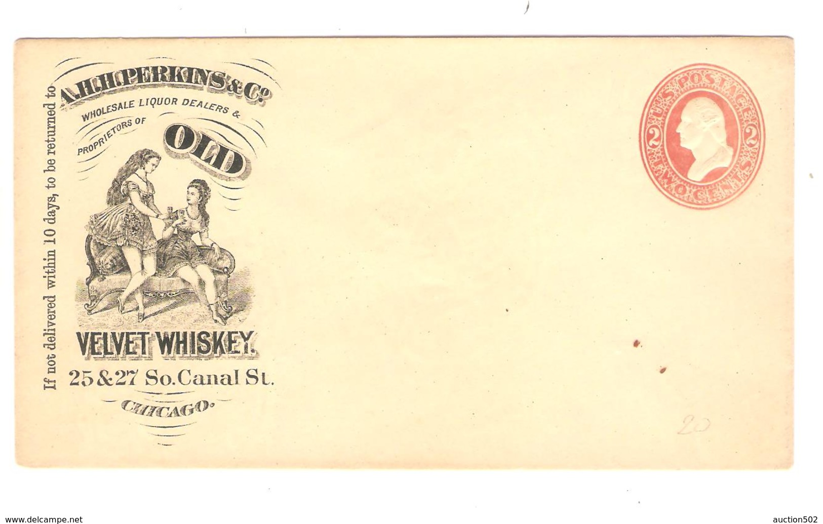 PR6550/ US Entire Letter A.H.H Perkins & Co Old Velvet Whiskey Chicago Mint - Vins & Alcools