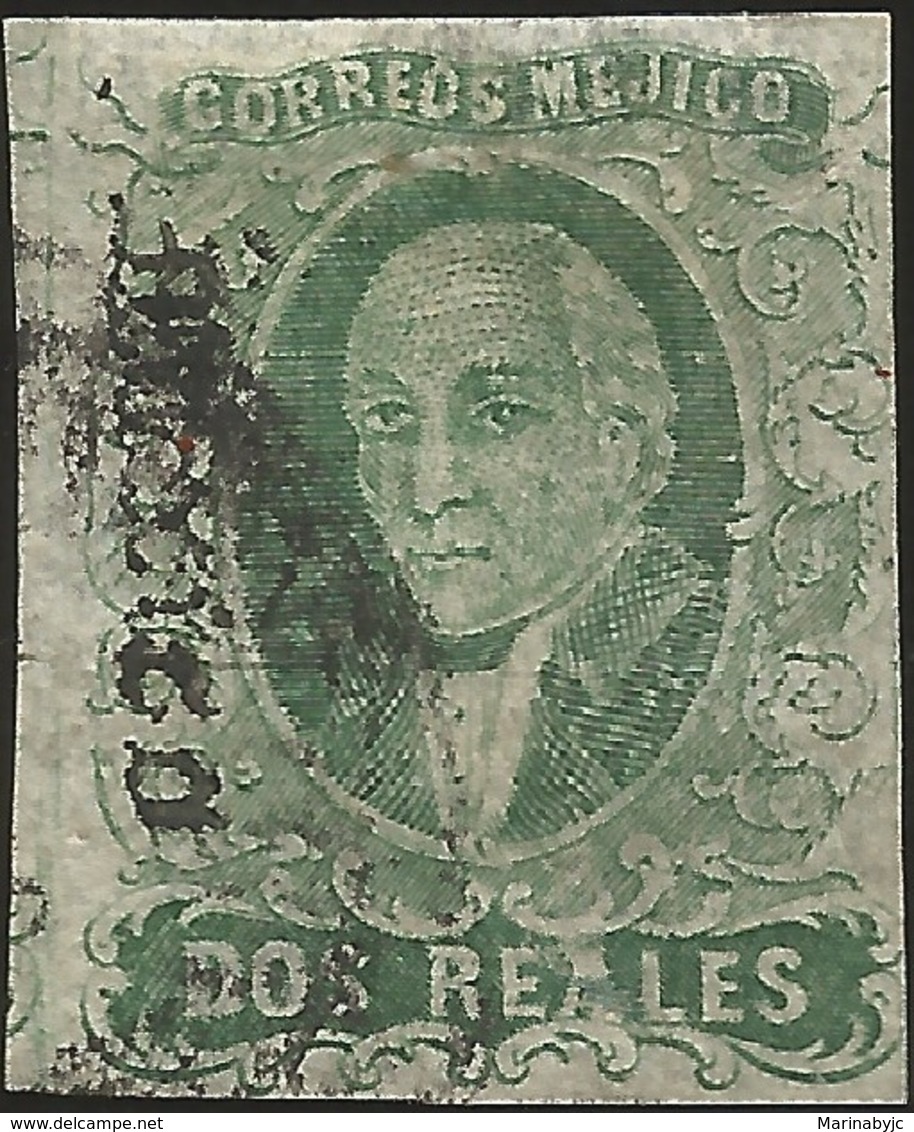 J) 1861 MEXICO, HIDALGO, 2 REALES GREEN, PLATE II, MEXICO GOTHIC, MN - Messico