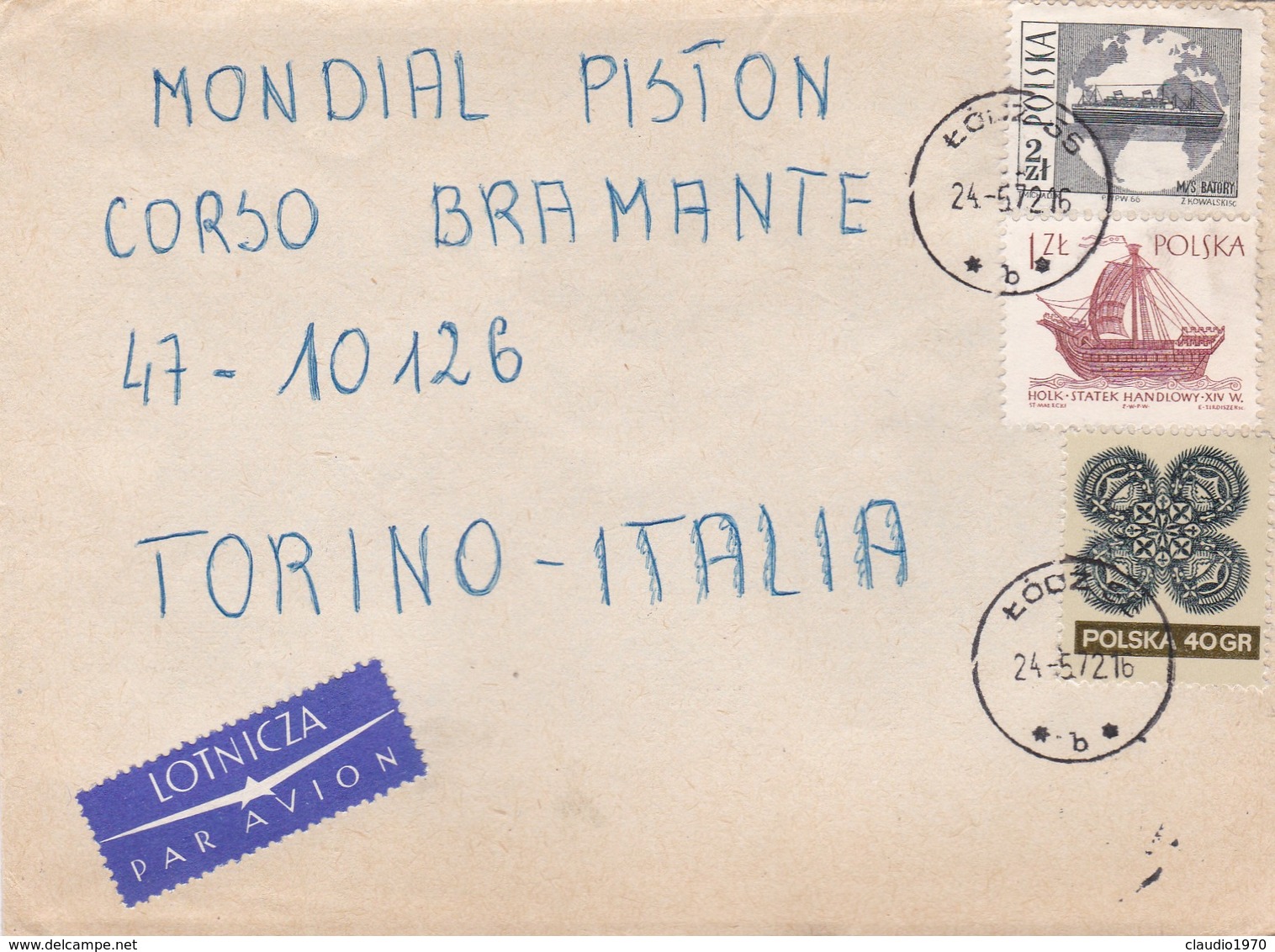 BUSTA VIAGGIATA PAR AVION - POLONIA  - VIAGGIATA PER MONDIAL PISTON -TORINO / ITALIA - Storia Postale