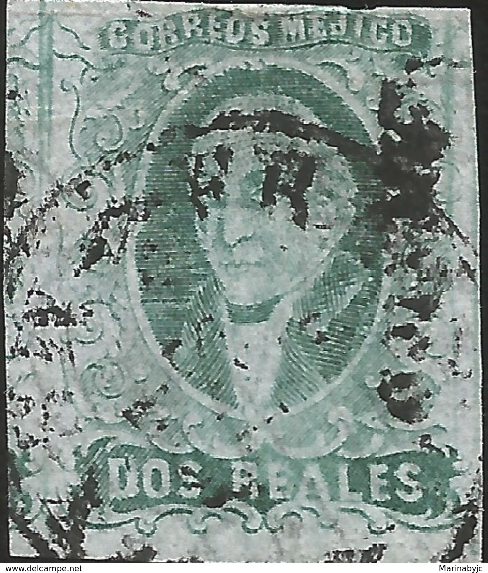 J) 1861 MEXICO, HIDALGO, 2 REALES GREEN, MEXICO DISTRICT, CIRCULAR CANCELLATION, MN - Mexico