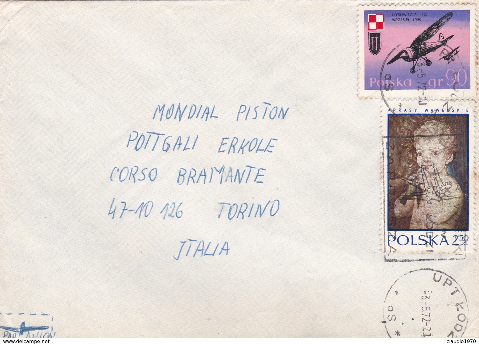 BUSTA VIAGGIATA PAR AVION - POLONIA  - VIAGGIATA PER MONDIAL PISTON -TORINO / ITALIA - Storia Postale