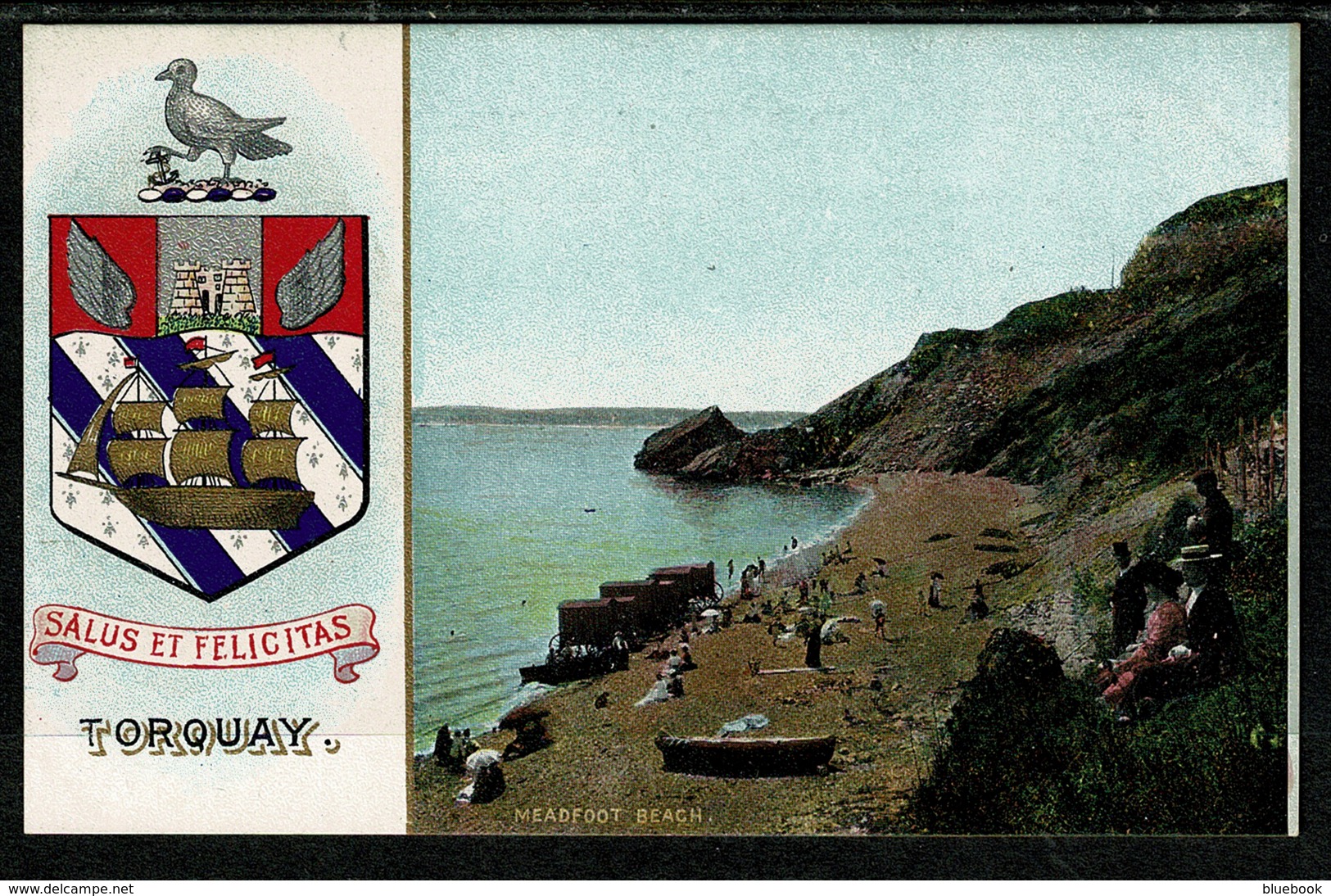 Ref 1303 - Super Early Coat Of Arms Postcard - Torquay Devon - Meadfoot Beach - Torquay