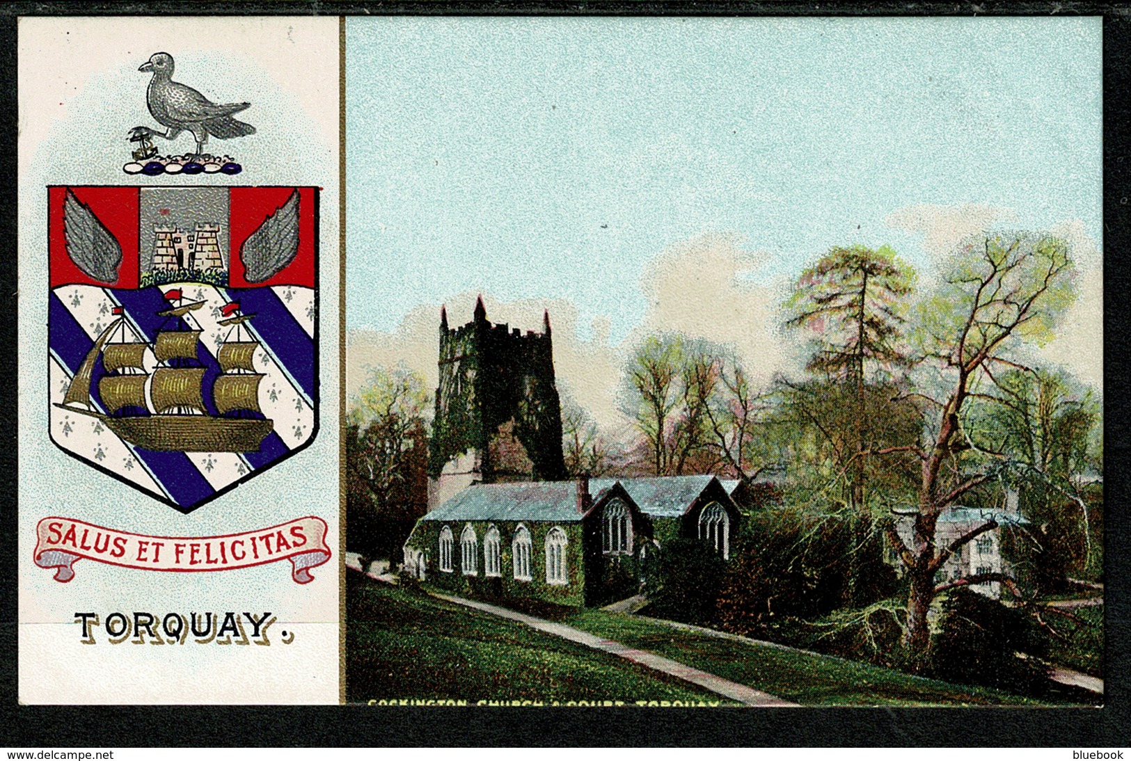 Ref 1303 - Super Early Coat Of Arms Postcard - Torquay Devon - Cockington Church & Court - Torquay