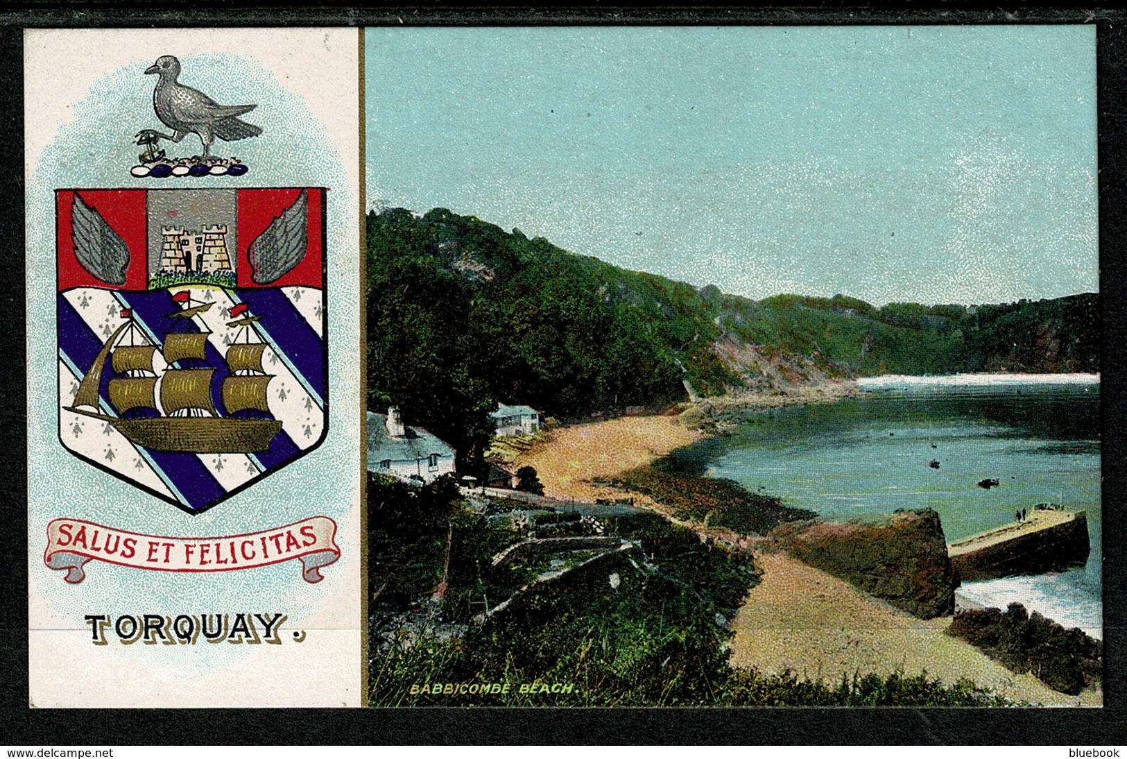 Ref 1303 - Super Early Coat Of Arms Postcard - Torquay Devon - Babbicombe Beach - Torquay