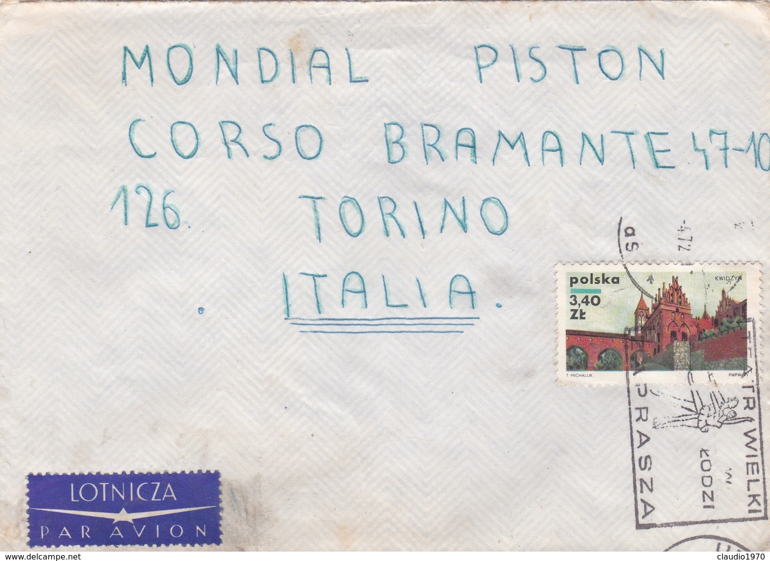 BUSTA VIAGGIATA PAR AVION - POLONIA  - VIAGGIATA PER MONDIAL PISTON -TORINO / ITALIA - Storia Postale