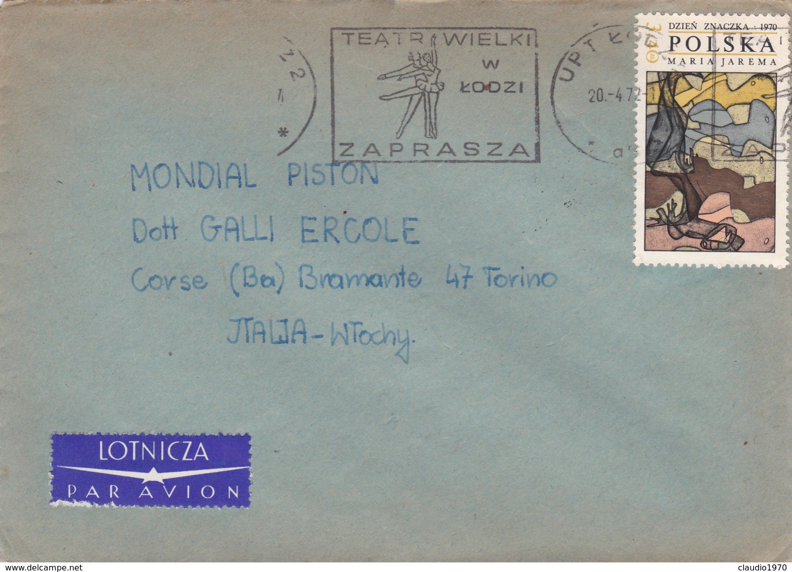 BUSTA VIAGGIATA PAR AVION - POLONIA  - VIAGGIATA PER MONDIAL PISTON -TORINO / ITALIA - Storia Postale