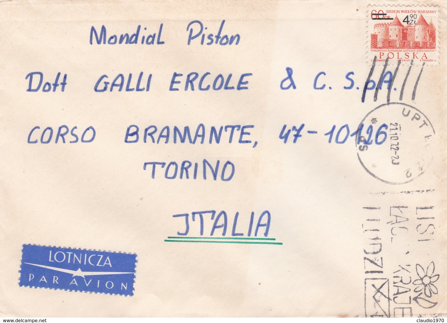 BUSTA VIAGGIATA PAR AVION - POLONIA  - VIAGGIATA PER MONDIAL PISTON -TORINO / ITALIA - Storia Postale