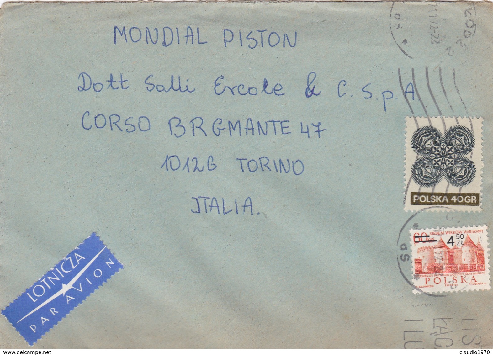 BUSTA VIAGGIATA PAR AVION - POLONIA  - VIAGGIATA PER MONDIAL PISTON -TORINO / ITALIA - Storia Postale