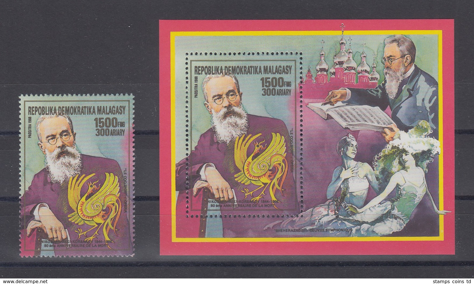 Madagascar 1988 Komponist Nicolai Rimsky-Korssakow Einzelmarke Und Blockausgabe  - Madagascar (1960-...)