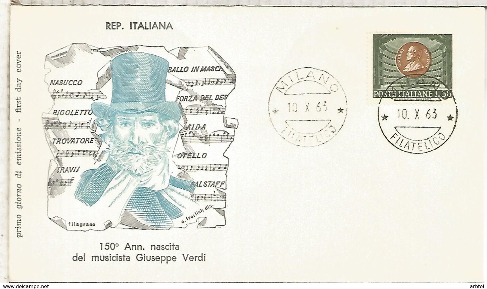 ITALIA FDC MILANO 1963 VERDI MUSICA - Music