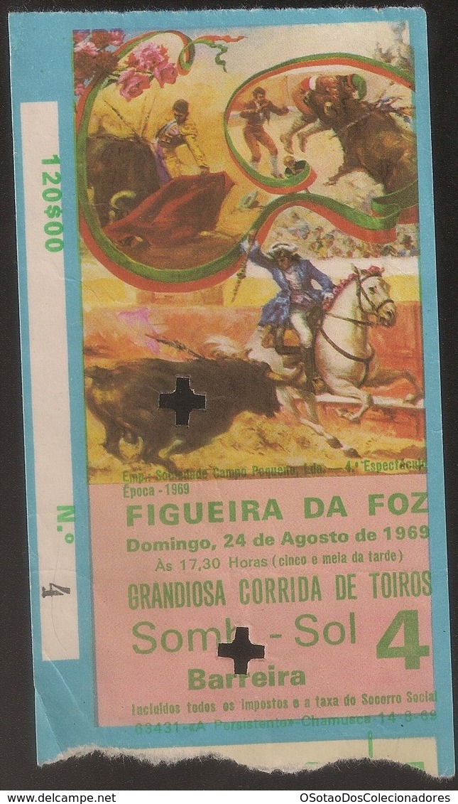 Ticket Portugal - Figueira Da Foz - Bilhete Corrida De Toiros 1969 - Torero - Ticket Bullfight - Course De Taureaux - Tickets - Vouchers