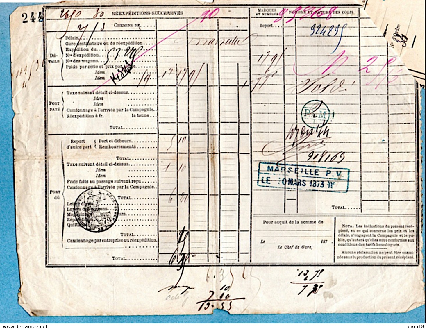 1873 CHEMINS DE FER DU MIDI ET P.L.M. RECEPISSSE Et RECU VOIR 3 PHOTOS - Transports