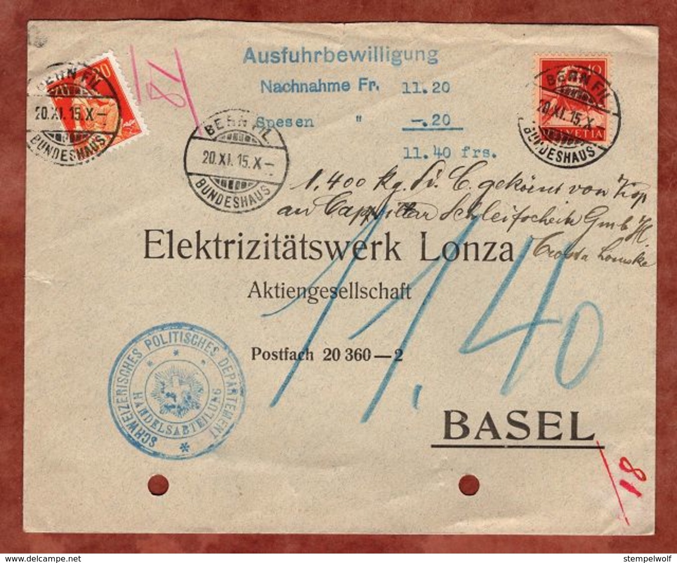 Nachnahme, Helvetia U.a., Ausfuhrbewilligung, Bern Bundeshaus Nach Basel 1915 (75054) - Briefe U. Dokumente