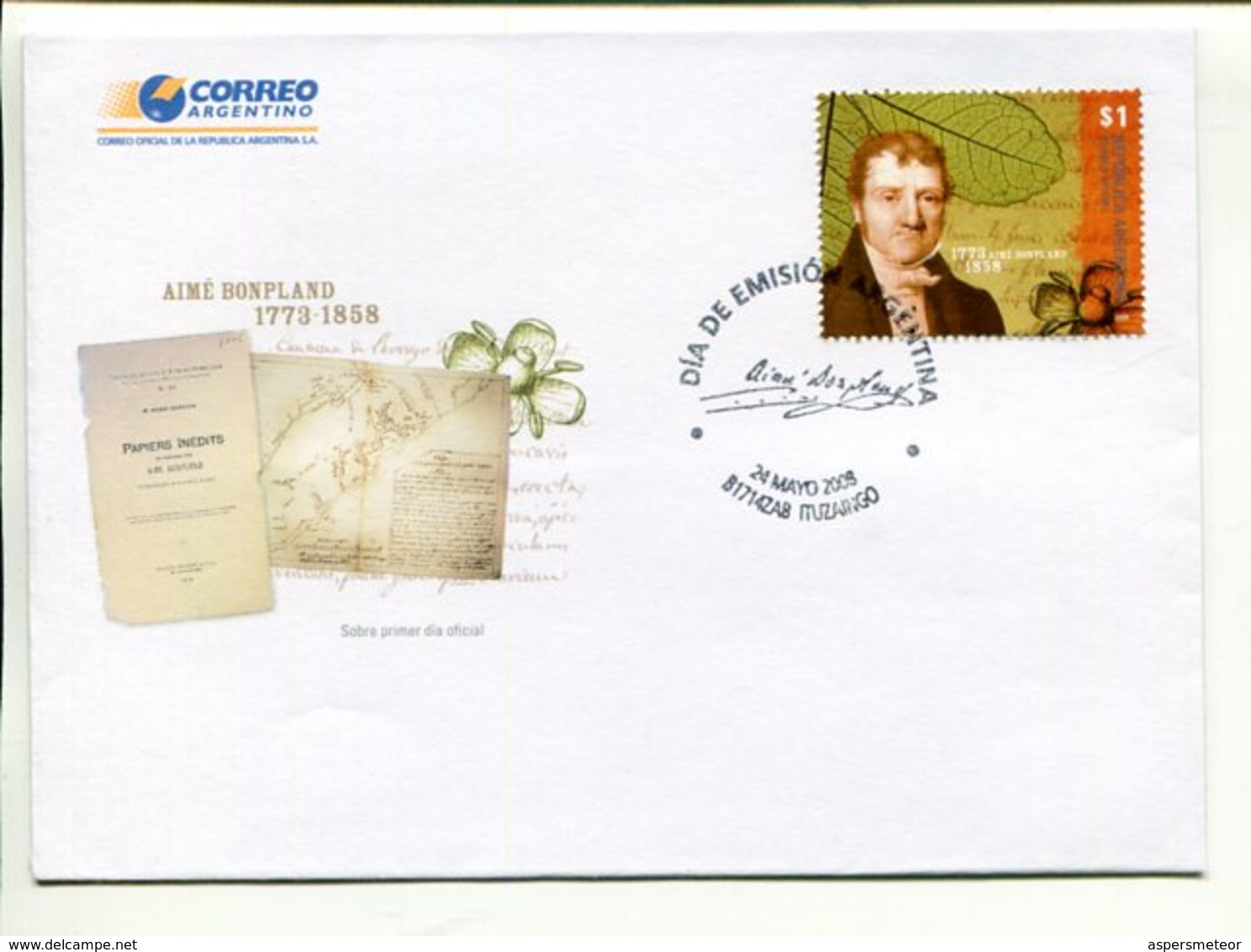 AIME BONPLAND 1977 - 1858, MEDICO MÉDICAL DOCTOR. ARGENTINA AÑO 2008 SOBRE PRIMER DIA ENVELOPE FDC  -LILHU - Lettres & Documents